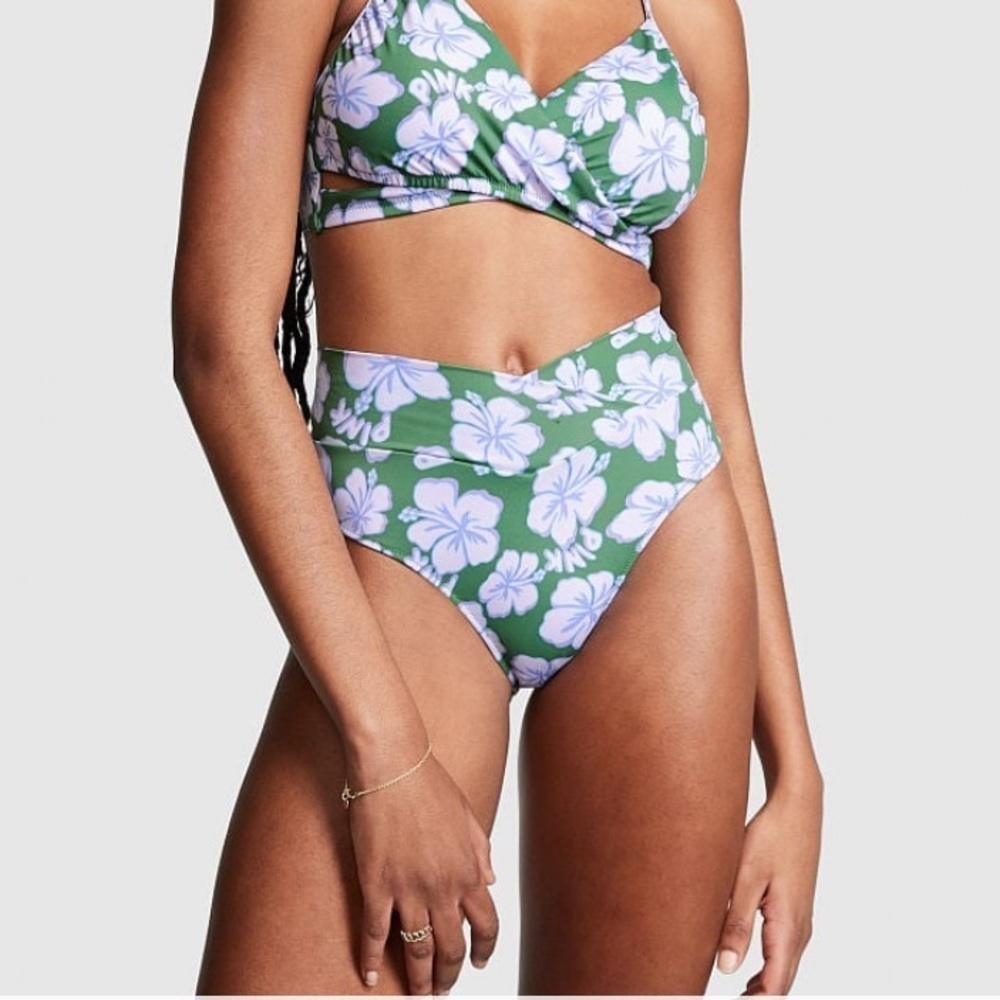 VS Pink V Crossover High-Waist Bikini Bottom Forest Pine Hibiscus - Picture 2 of 12